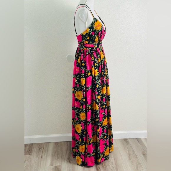 Lulu's Navy Neon Floral Print Sleeveless Strappy Maxi Dress Size Small - Picture 7 of 14